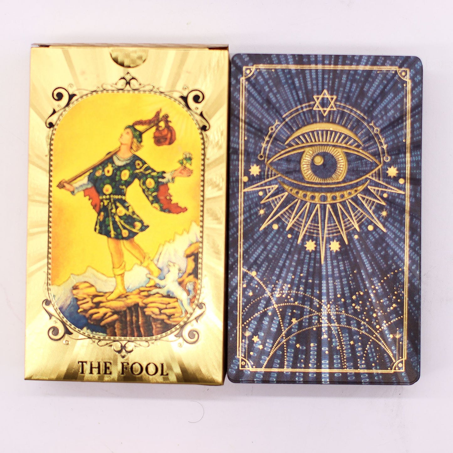 Conjunto de cartas de tarot con foil azul y dorado - Ojo que todo lo ve - con folleto